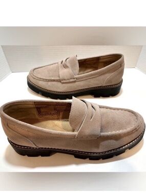 House of Harlow 1960 Gunner Suede Taupe Penny Loafer Slip On Lug Shoe Womens 10